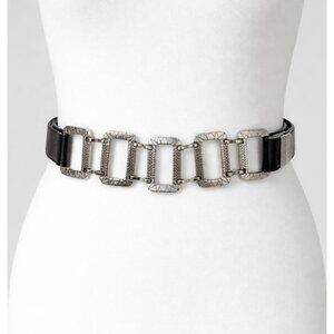 Chicos Silver-Tone Link Statement Belt Black Leather Adjustable Maximalist M/L